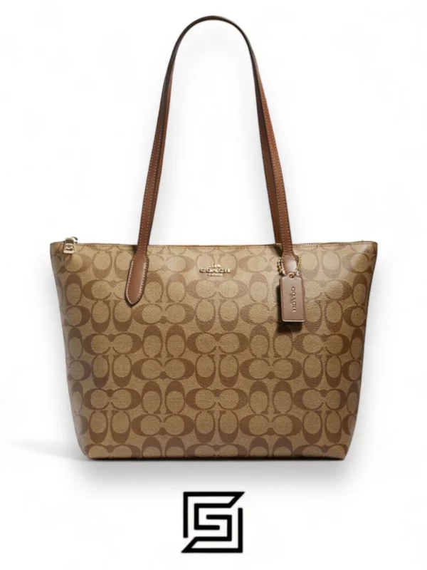 Bags,Leather,Women leather Coach Zip Top Tote In Signature Canvas Brown 4455 Coach