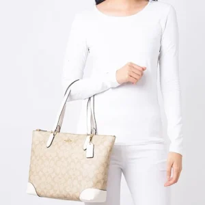 Bags,Leather,Women Coach leather Zip Top Tote In Signature Canvas White F29208 Coach