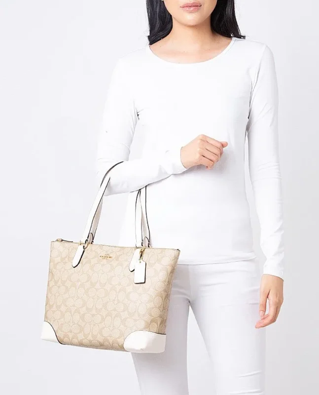 Bags,Leather,Women Coach leather Zip Top Tote In Signature Canvas White F29208 Coach