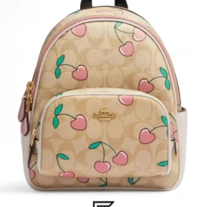 Bags,Leather,Women Coach leather Mini Court Backpack In Signature Canvas With Heart Cherry Print Style No. CF424 Coach