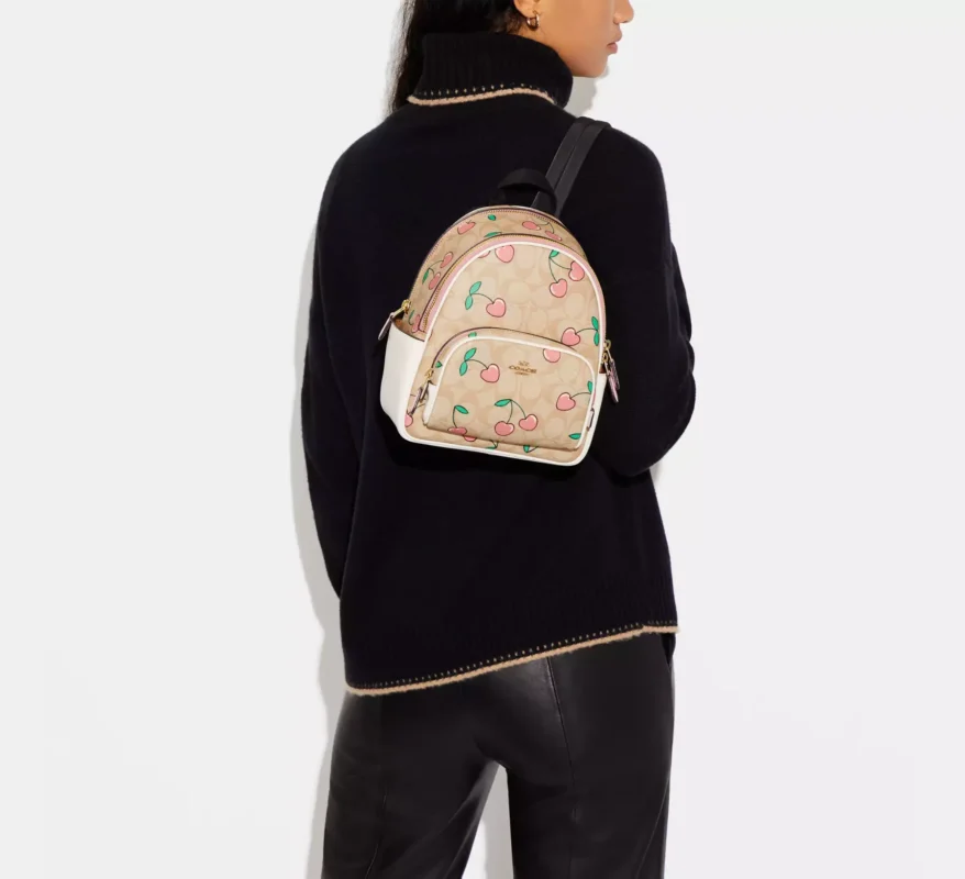 Bags,Leather,Women Coach leather Mini Court Backpack In Signature Canvas With Heart Cherry Print Style No. CF424 Coach