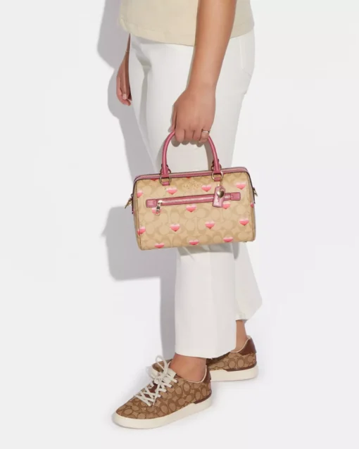 Bags,Leather Coach leather Rowan Satchel Bag In Signature Canvas With Stripe Heart Print Style No. CA248 Coach