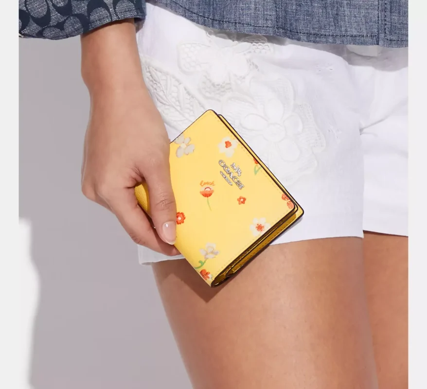 Leather,Wallets,Women Coach wallets Snap Wallet With Mystical Floral Print Yellow Style No. C8703 Coach