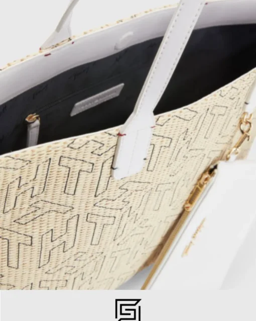 Bags,Leather,Women Tommy Hilfiger leather ICONIC MONOGRAM STRAW BEACH TOTE AW0AW11346 Tommy Hilfiger