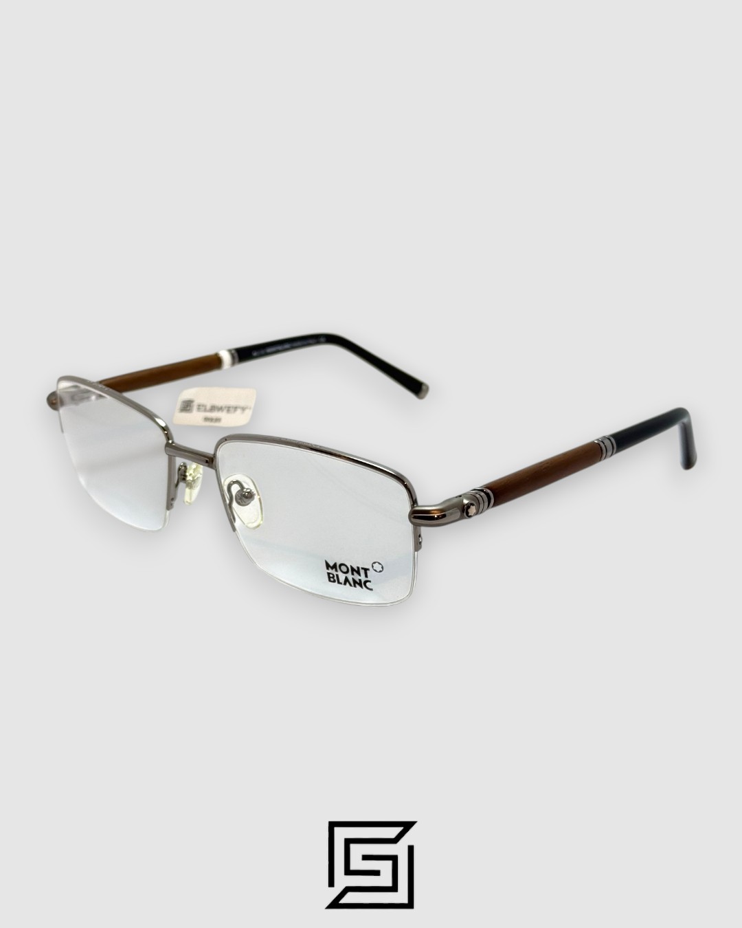 ⁦Montblanc MB534 Optical Glasses - Oxide Metal Half-Rim Frame with Wood-Textured Temples⁩ - الصورة ⁦1⁩