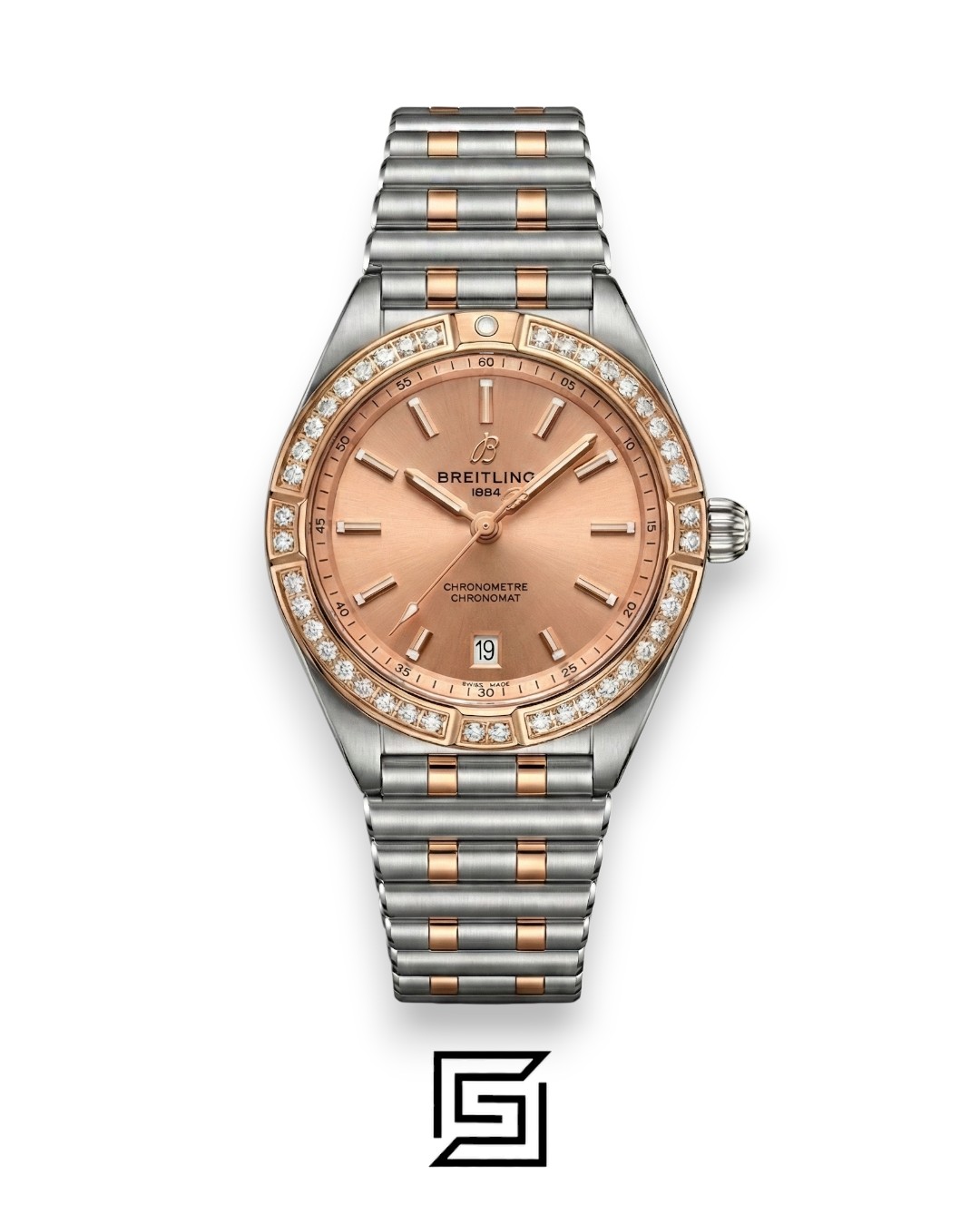 ⁦Breitling Chronomat Salmon Pink Diamond Bezel Two-Tone Ladies’ Watch⁩ - الصورة ⁦1⁩