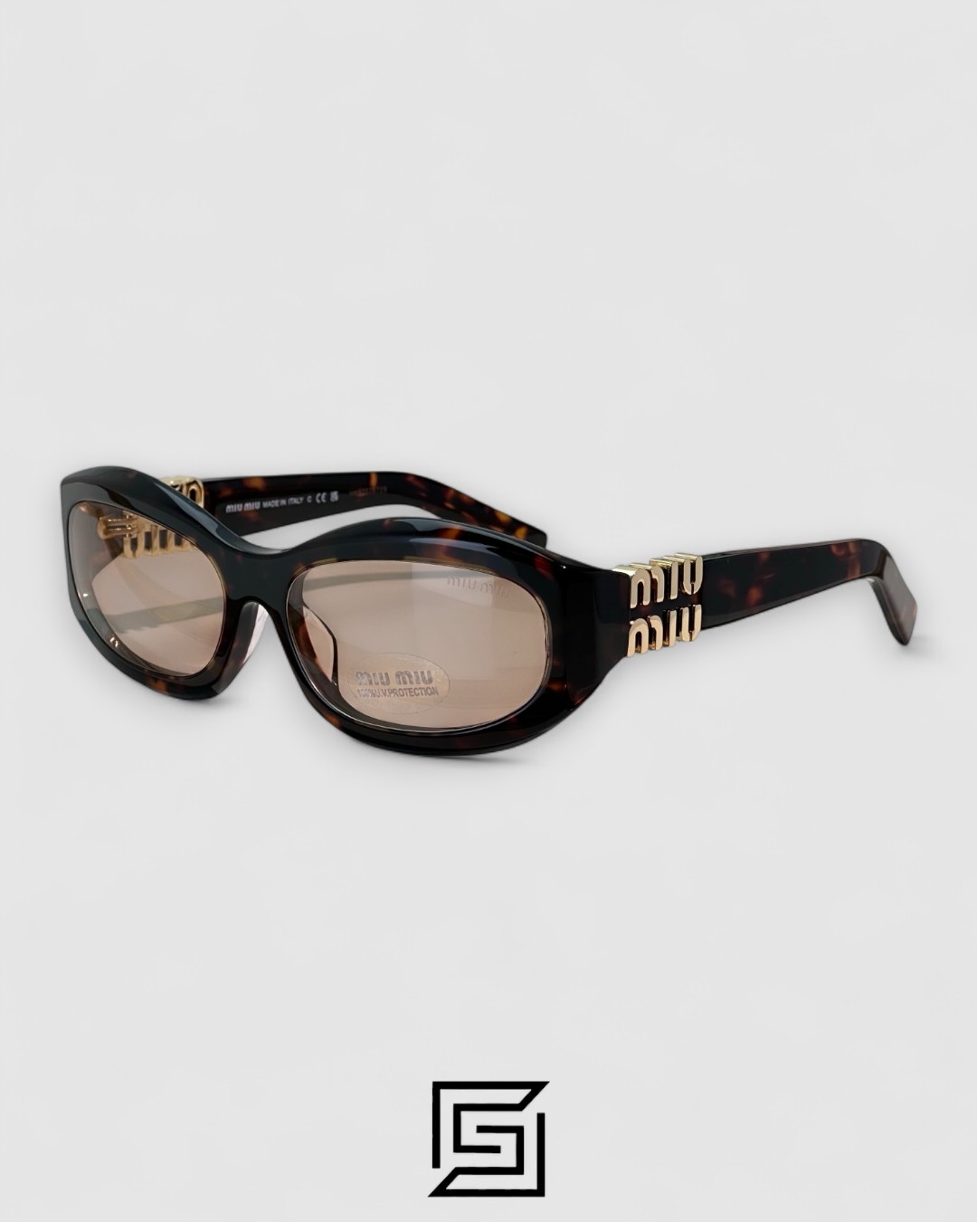⁦Miu Miu MU14 141-90H Light Brown Lenses and Tiger Brown Frame With Gold Logo⁩ - الصورة ⁦1⁩